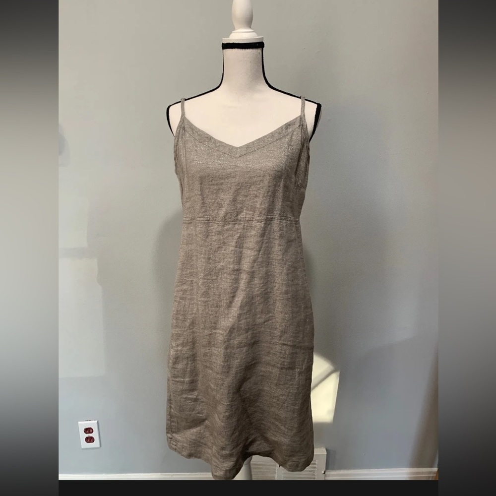 Eileen Fisher spaghetti strap dress grey sparkles linen size medium pockets!!